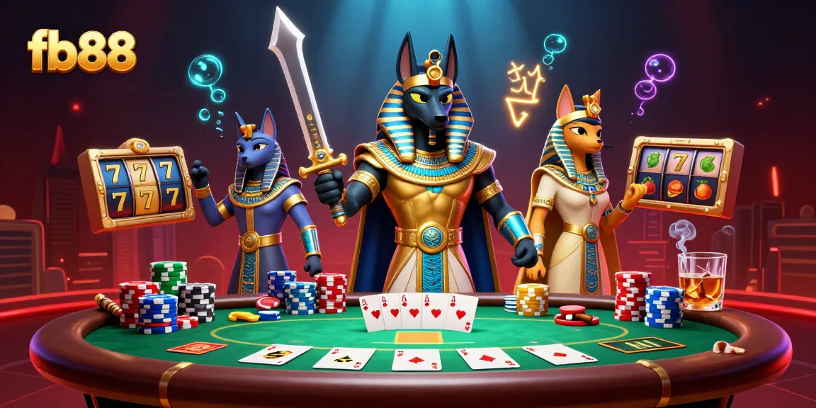Engage in exciting gameplay at fb88 with an illustration showcasing Anubis and Bastet amidst poker and slot elements.