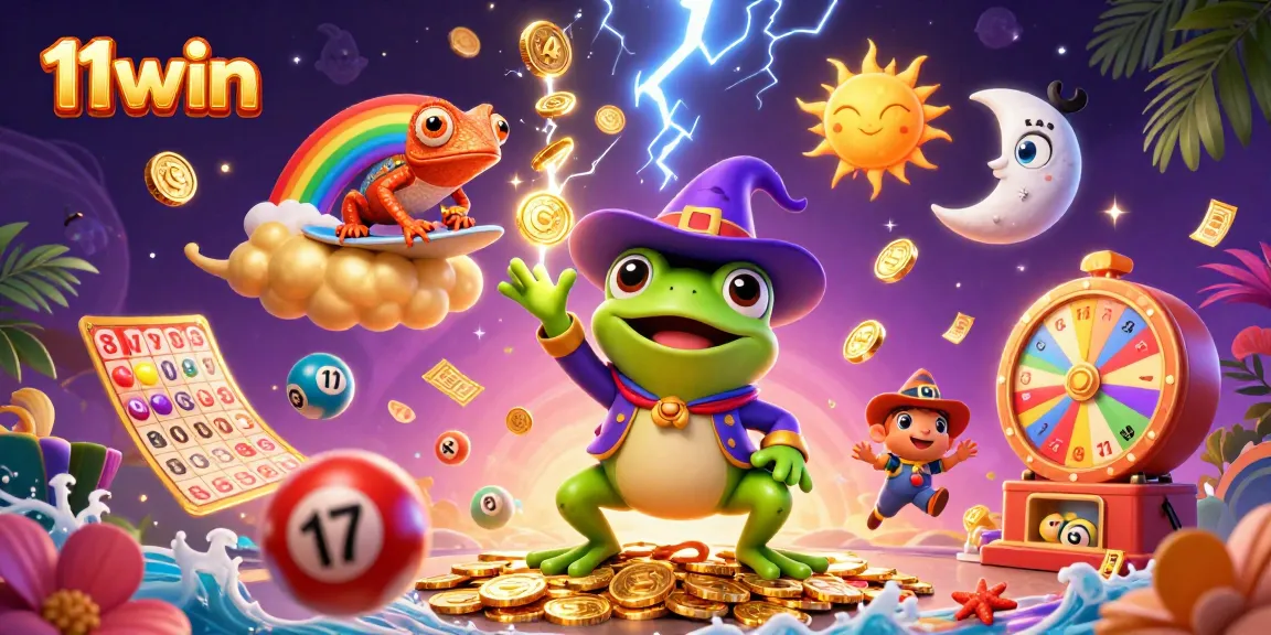 11win's vibrant 3D illustration of a weather wizard frog amidst a treasure storm of golden coins
