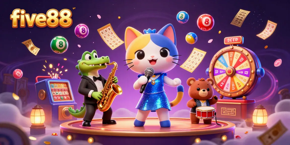 Experience the vibrant world of five88 with animated casino characters and dynamic lottery elements.