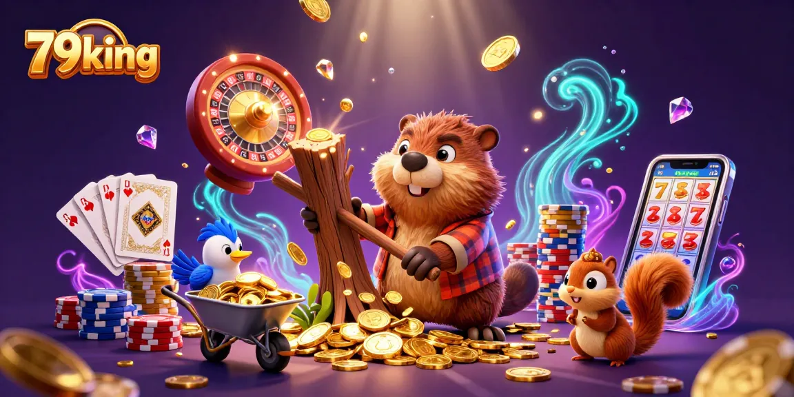 Play and win at 79king with vibrant cartoon characters celebrating big casino wins amid glowing treasures.