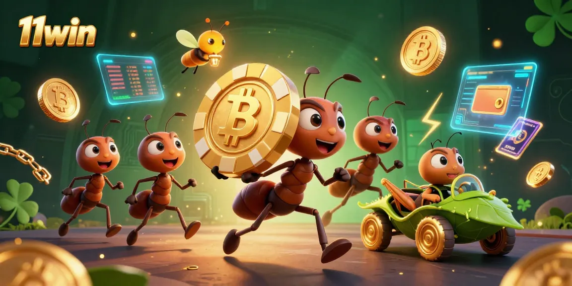Engage with 11win in a thrilling heist as cartoon ants transport a giant poker chip.