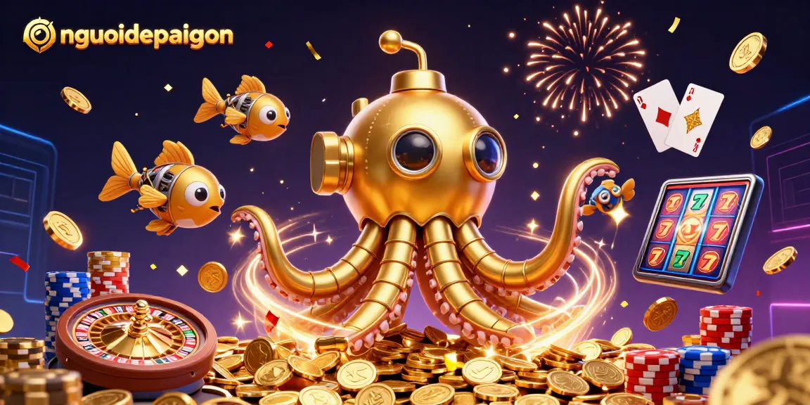 Experience the vibrant excitement of nguoidepsaigon's casino with golden krakens and dazzling coins.