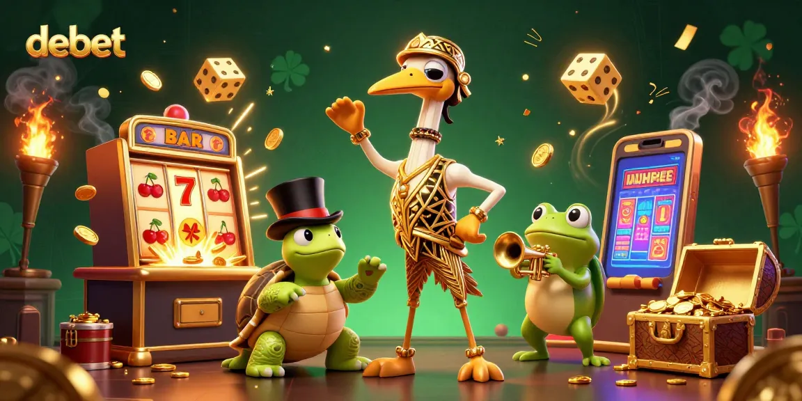 Experience debet excitement with a lively 3D casino scene featuring a flapper crane, turtle, and frog.