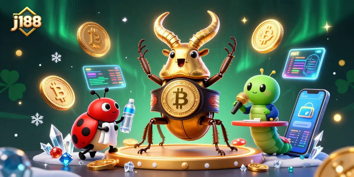 Bet big with j188's golden stag beetle boxing champion illustration showcasing crypto elements.