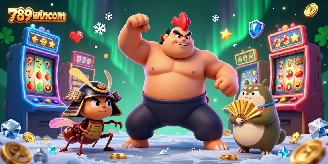 Engage with the lively 789wincom casino scene featuring a powerful sumo rooster and dynamic slot machines.