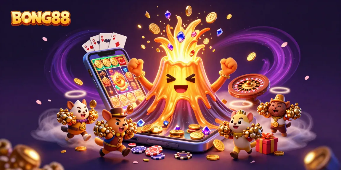 BONG88 features a triumphant golden volcano and explorer animals in a dynamic casino scene filled with treasure and gaming elements.