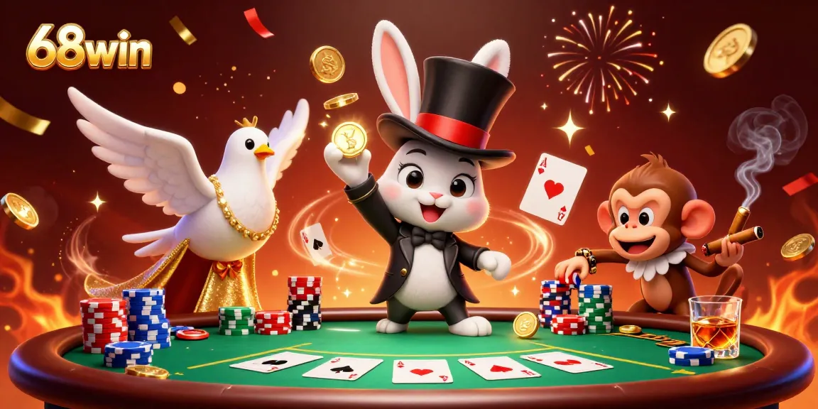 Experience the excitement of 68win: a vibrant casino scene with a magician rabbit, dazzling dove, and playful monkey.