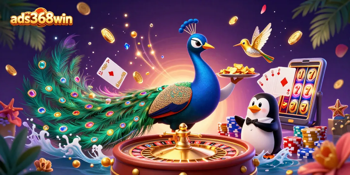 Win big at ads368win with vibrant casino scene featuring a peacock and sparkling elements.