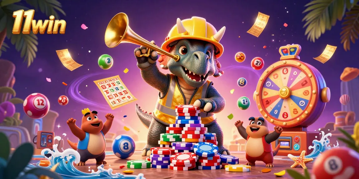 Engage in exciting games at 11win, featuring playful dinosaurs in a lively casino scene.