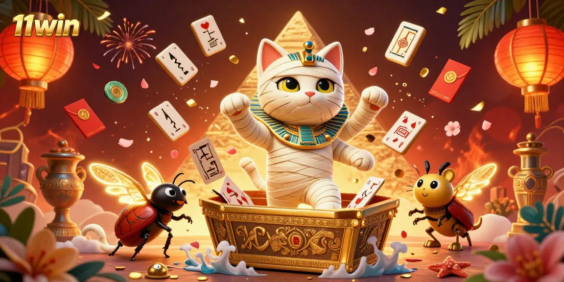 Experience the thrill of 11win with a vibrant 3D casino scene filled with a mummy cat bursting from a sarcophagus.