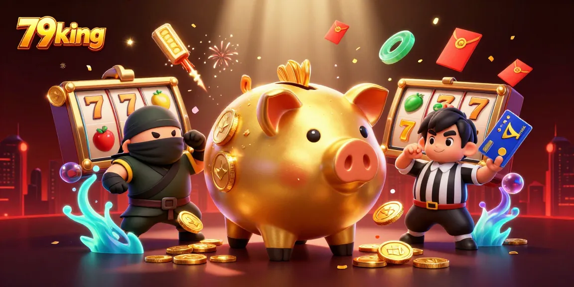 Spin and win with 79king's vibrant casino scene featuring golden piggy banks and exciting slot games.