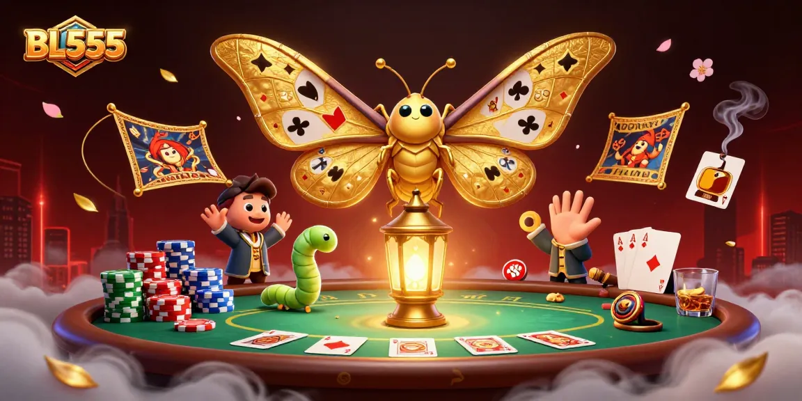 Experience thrilling poker action with BL555's vibrant casino scene featuring an atlas moth and poker elements.