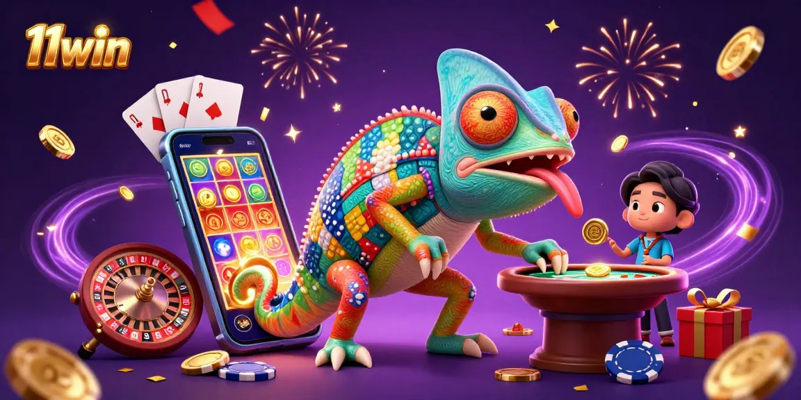11win casino experience with a chameleon character amidst poker chips and gold coins.