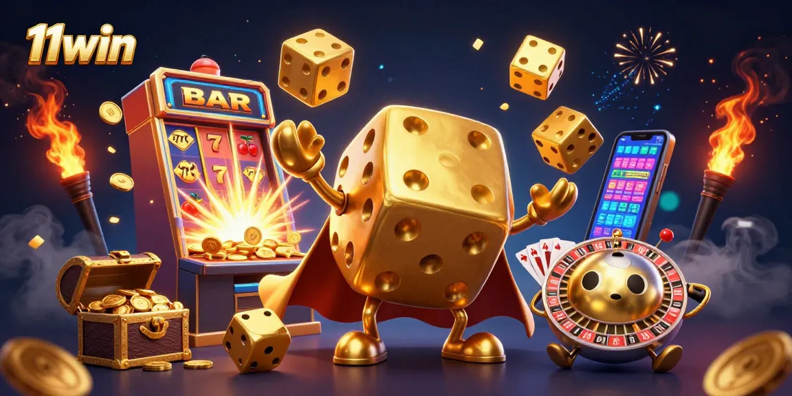 Join the excitement at 11win with the golden dice golem juggling winnings in a vibrant casino scene.