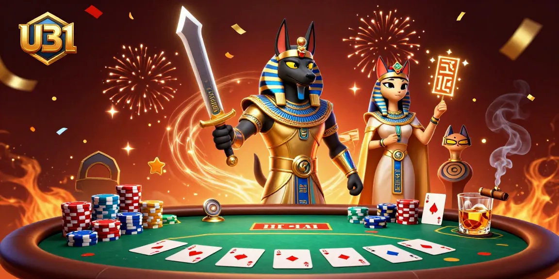 U31 players enjoy vibrant casino action with Anubis and Bastet amidst poker elements.