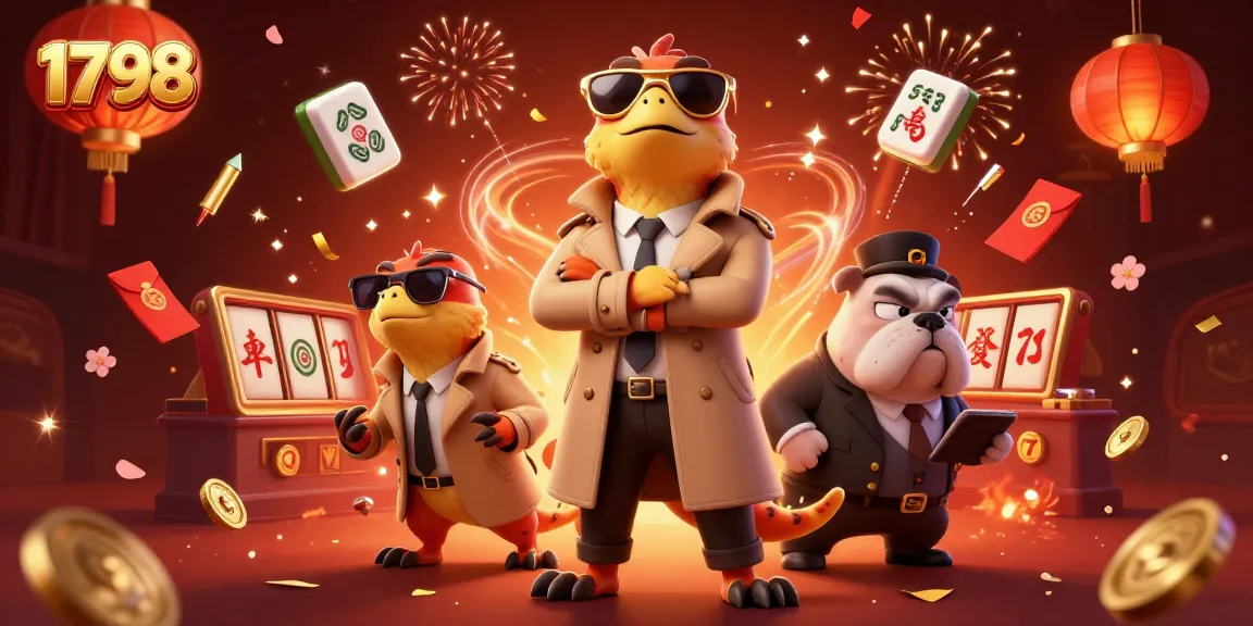 Experience the excitement of 1798 casino with adventurous raptors, slot reels, and vibrant decorations.