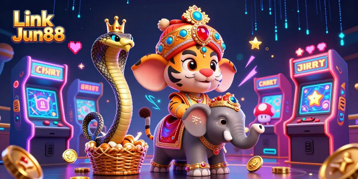 Experience the thrill of gaming with Link Jun88 in this vibrant 3D casino scene featuring exotic characters and rich game elements.