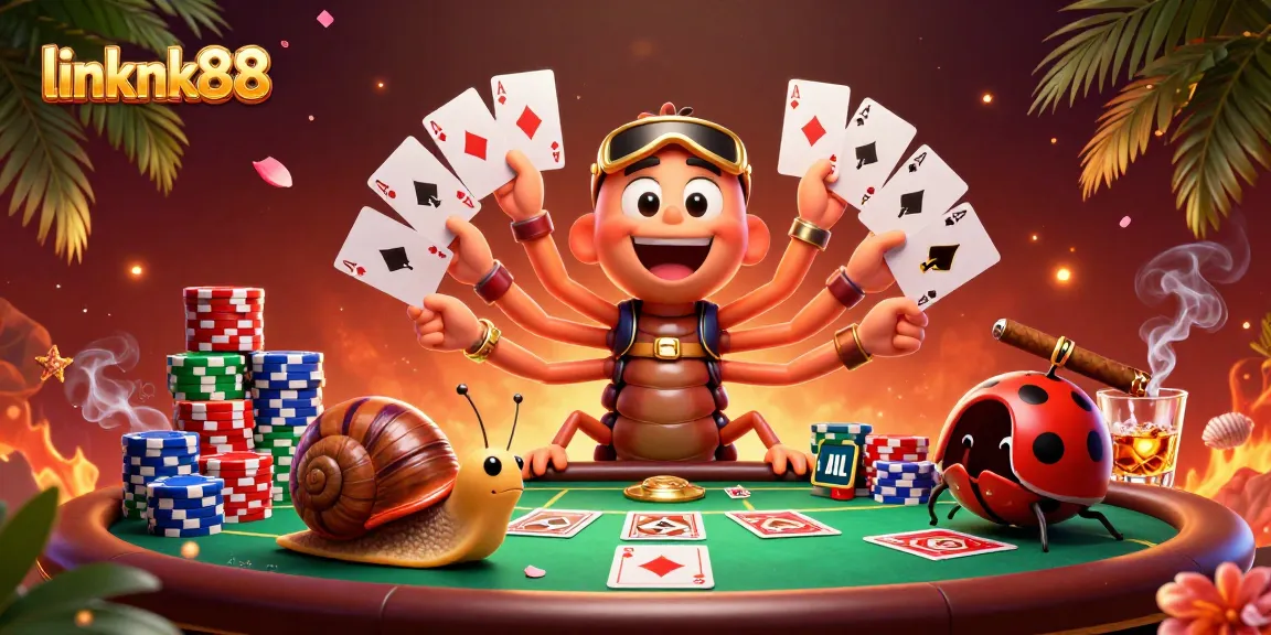 Engage in thrilling card games at linknk88 with a whimsical dealer and vibrant poker elements.