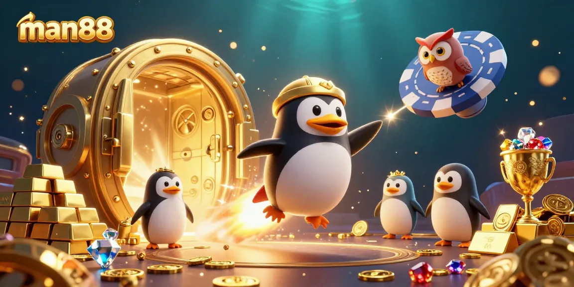 Win big with man88 as a golden penguin races to a glam casino in a dazzling space adventure!