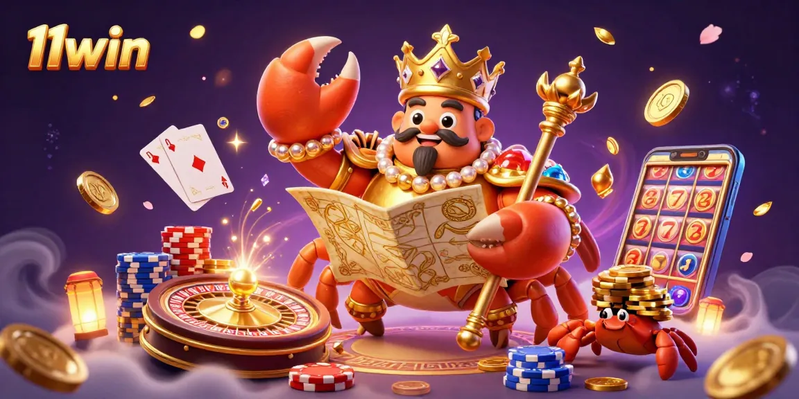 Engage with the vibrant world of 11win, featuring a golden crab emperor in a dynamic casino scene.