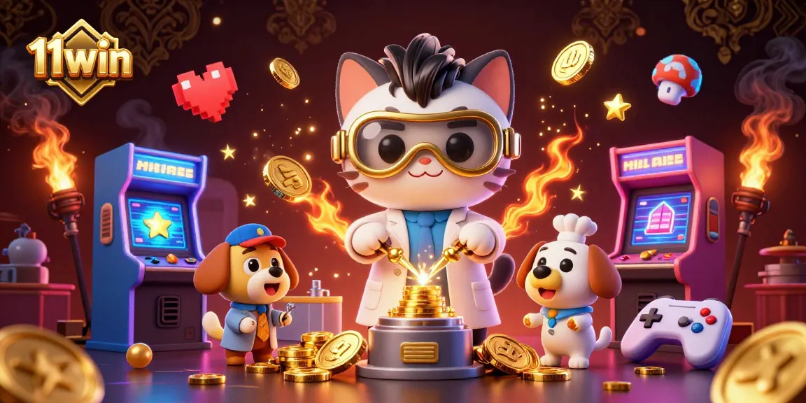 Experience the excitement of 11win with a vibrant 3D casino illustration featuring dynamic game elements.